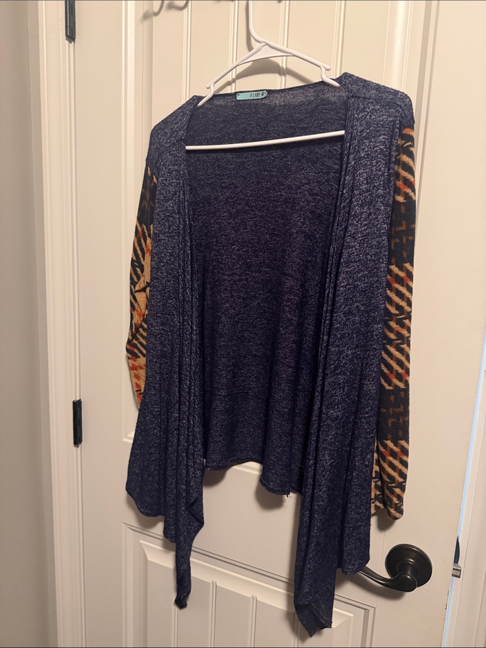 Navy Open-Front Cardigan with Patterned Sleeves